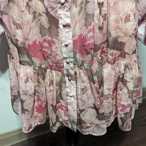 Alex Marie Lana Floral Print Long Puffed Sleeve Mock Neck Tiered Hem Dress